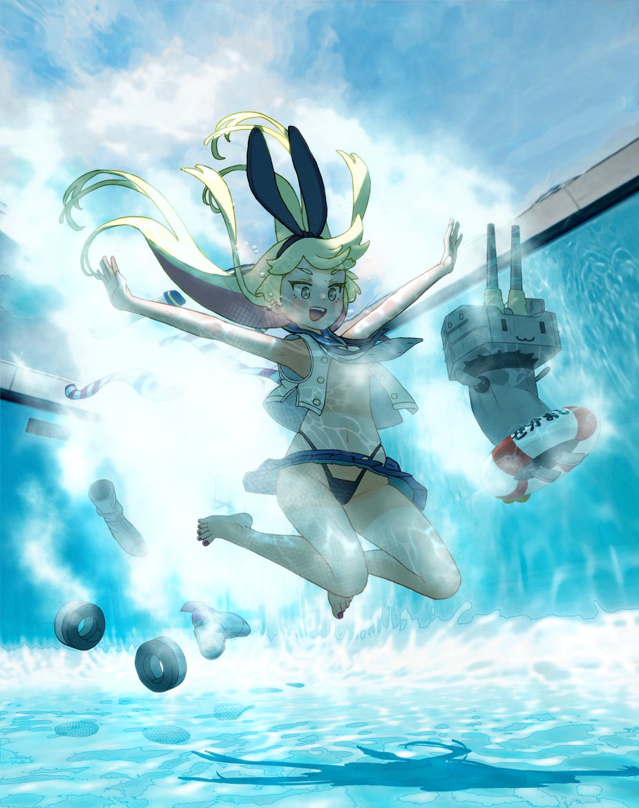 1girl :3 arms_up barefoot black_panties blonde_hair blue_sailor_collar blue_skirt blush crop_top day full_body highleg highleg_panties kantai_collection kitsuneno_denpachi long_hair microskirt open_mouth outdoors panties pleated_skirt pool rensouhou-chan sailor_collar shadow shimakaze_(kancolle) shoes shoes_removed skirt sky sleeveless teeth thighhighs_removed underwater underwear upper_teeth_only water