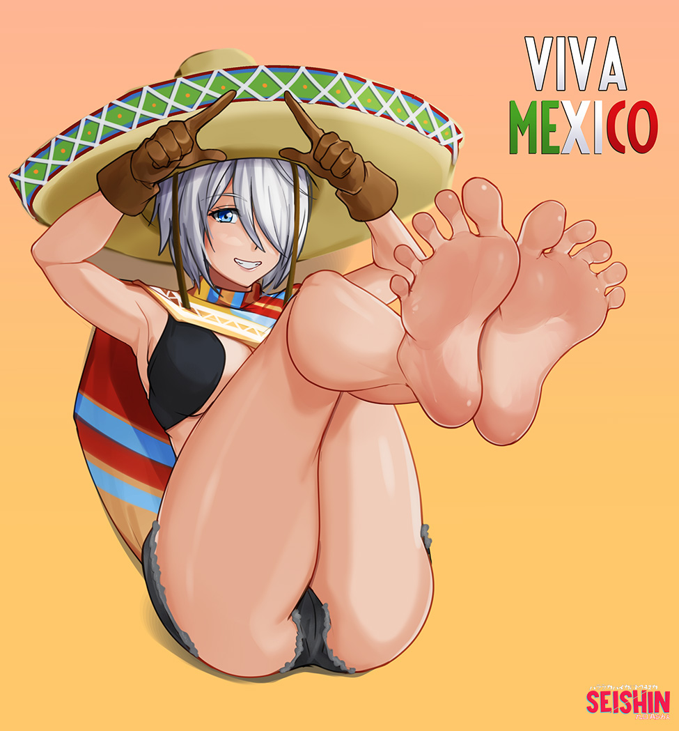 1girl angel_(kof) blue_eyes breasts feet finger_horns gloves hair_over_one_eye hat horns_pose index_fingers_raised large_breasts looking_at_viewer mexico open_mouth poncho seishinashi short_hair smile snk soles solo sombrero the_king_of_fighters toes white_hair