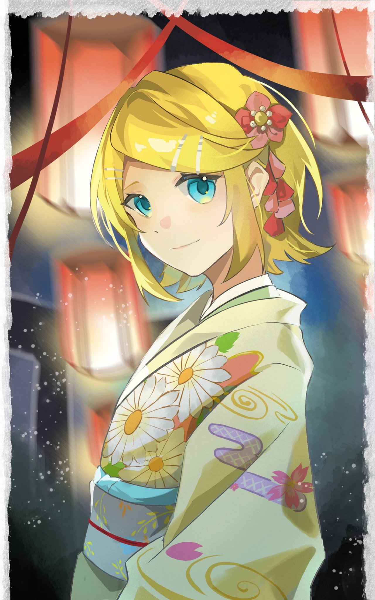 1girl aqua_eyes blurry blurry_background commentary floral_print_kimono flower hair_flower hair_ornament hairclip highres japanese_clothes kagamine_rin ke_luo kimono lantern light_particles looking_at_viewer obi paper_lantern sash short_hair smile solo vocaloid yellow_kimono