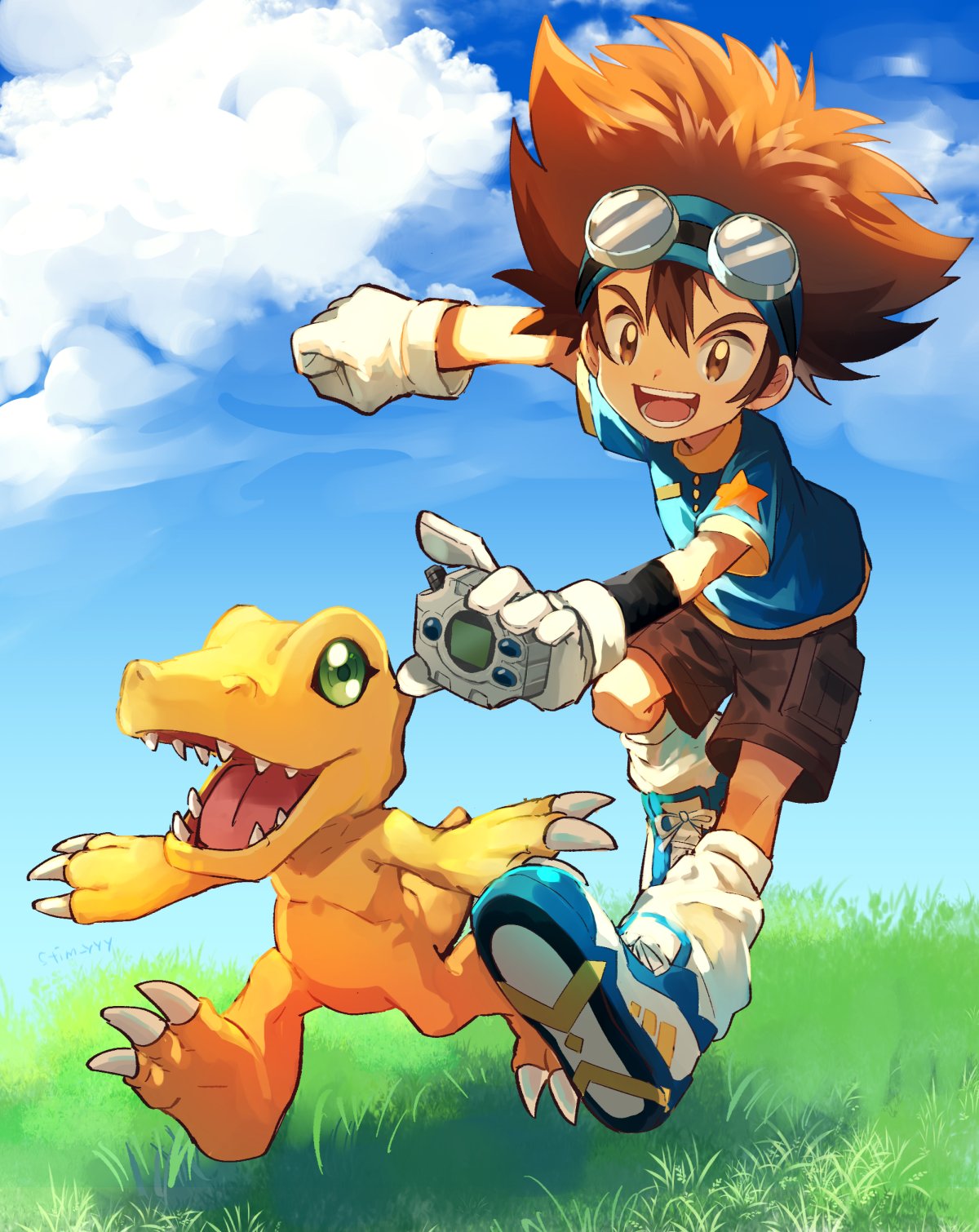 1boy :d agumon blue_footwear brown_eyes brown_hair brown_shorts clenched_hand cloud day digimon digimon_(creature) digimon_adventure digivice gloves goggles grass green_shirt hair_between_eyes happy highres holding male_focus open_mouth outdoors running sharp_teeth shirt short_sleeves shorts smile socks stim_yyy teeth tongue white_footwear white_socks yagami_taichi