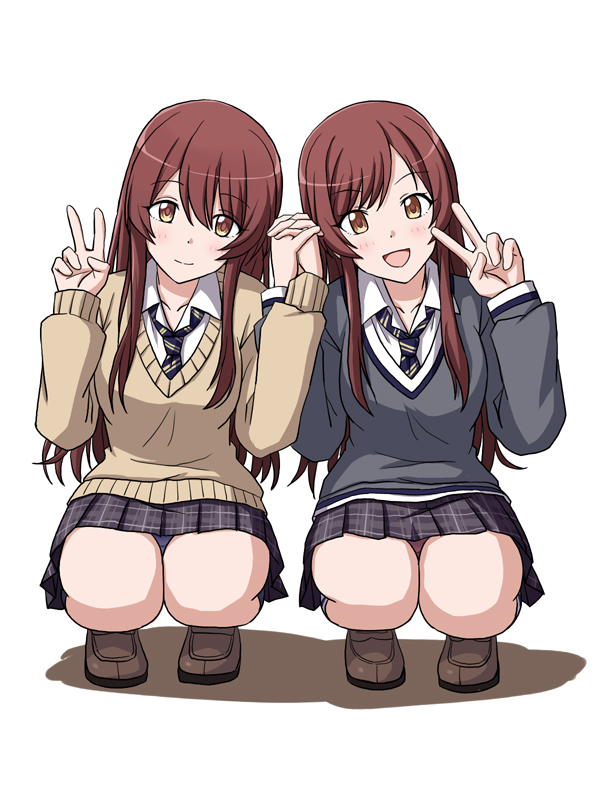 2girls black_skirt blue_necktie blue_panties breasts brown_eyes brown_footwear brown_hair brown_sweater checkered_clothes checkered_skirt commentary_request grey_sweater hands_up holding_hands idolmaster idolmaster_shiny_colors lielos light_blush long_hair long_sleeves looking_at_viewer medium_breasts multiple_girls necktie open_mouth osaki_amana osaki_tenka panties panty_peek pleated_skirt red_panties shadow shirt siblings sidelocks sisters skirt smile squatting sweater thighs twins underwear v white_background white_shirt