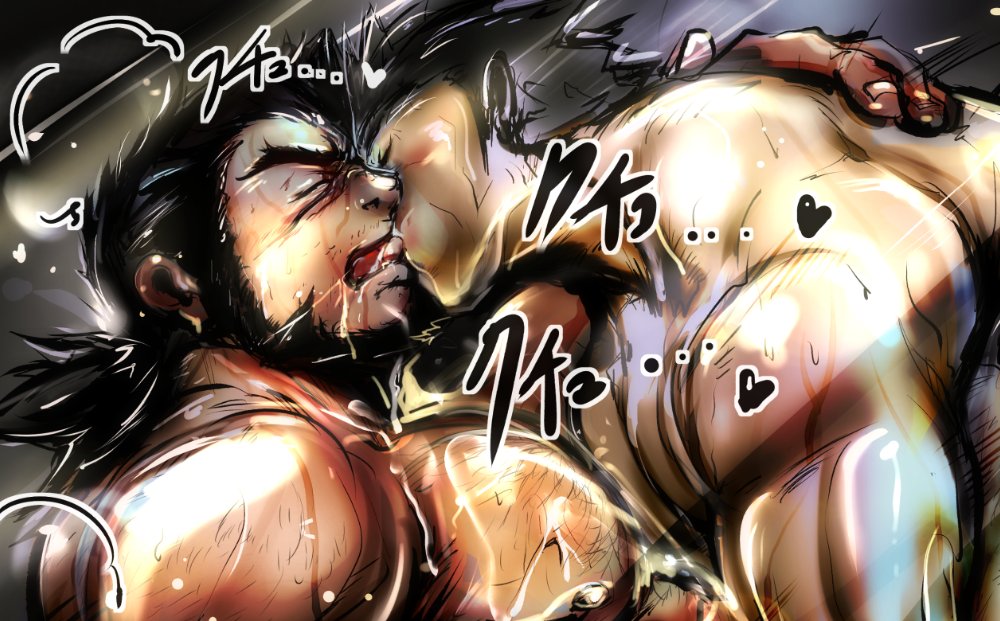 2boys bara beard black_hair blue_fire dark-skinned_male dark_skin doro_rich facial_hair fire forked_eyebrows from_side heart kiss large_pectorals male_focus mature_male multiple_boys muscular muscular_male nipples nude paid_reward_available pectorals profile protagonist_3_(housamo) sandayu_(housamo) scar scar_on_cheek scar_on_face sweat thick_eyebrows tokyo_afterschool_summoners tongue tongue_out translation_request upper_body very_sweaty yaoi