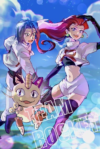 1boy 1girl beach blue_hair boots cloud cloudy_sky earrings gloves green_eyes happy holding_hands james_(pokemon) jessie_(pokemon) jewelry long_hair meowth pokemon pokemon_(creature) sky team_rocket very_long_hair water worried