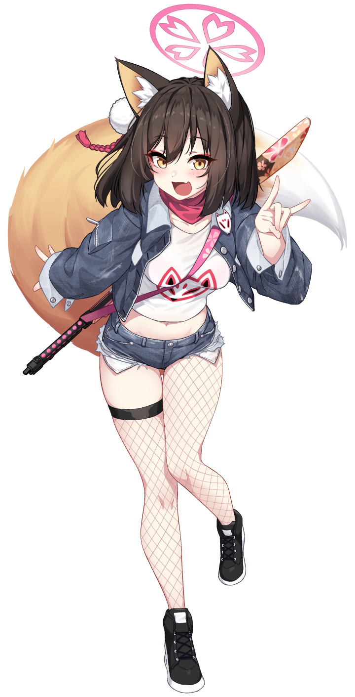 1girl :d animal_ear_fluff animal_ears bandana black_footwear black_hair black_thighhighs blue_archive blue_jacket blue_shorts blush breasts brown_eyes crop_top denim denim_jacket denim_shorts dev_(dev0614) fang fishnet_pantyhose fishnet_thighhighs fishnets fox_ears fox_girl fox_shadow_puppet fox_tail full_body hair_between_eyes halo highres izuna_(blue_archive) jacket legwear_under_shorts long_sleeves looking_at_viewer medium_breasts midriff navel open_clothes open_jacket pantyhose shirt shoes short_shorts shorts simple_background single_leg_pantyhose single_thighhigh sleeves_past_wrists smile solo standing standing_on_one_leg tail thighhighs white_background white_shirt