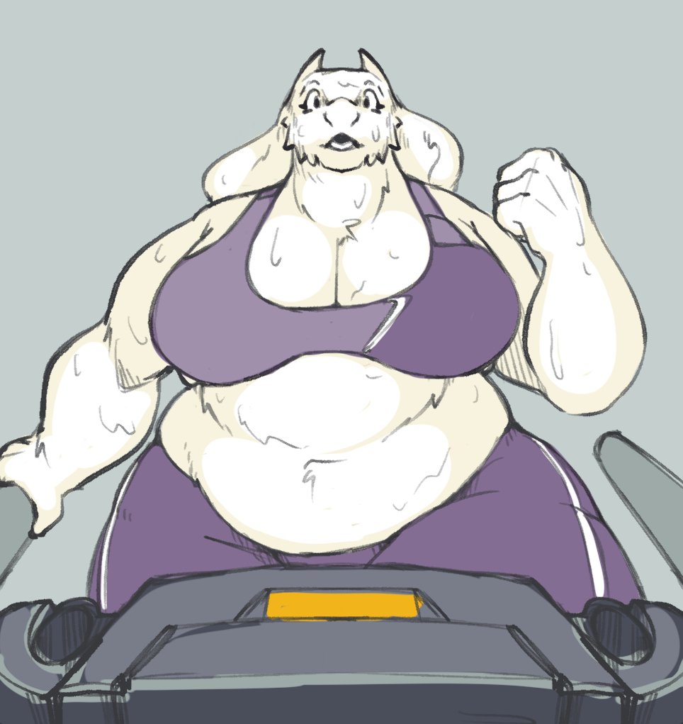 33millionsnails anthro belly big_breasts bodily_fluids boss_monster bovid breasts caprine cleavage clothed clothing exercise female floppy_ears fur horn mammal mature_anthro mature_female open_mouth overweight overweight_anthro overweight_female simple_background solo sweat sweatdrop toriel treadmill undertale undertale_(series) white_body white_fur