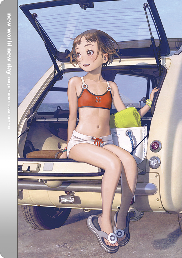 1girl artist_name bare_shoulders beach bikini bikini_top_only brown_eyes brown_hair car car_trunk collarbone dated day english_text flat_chest full_body grey_footwear looking_to_the_side midriff motor_vehicle murata_range navel open_mouth original outdoors red_bikini sandals scrunchie short_hair short_shorts shorts sitting smile solo swimsuit white_shorts wrist_scrunchie