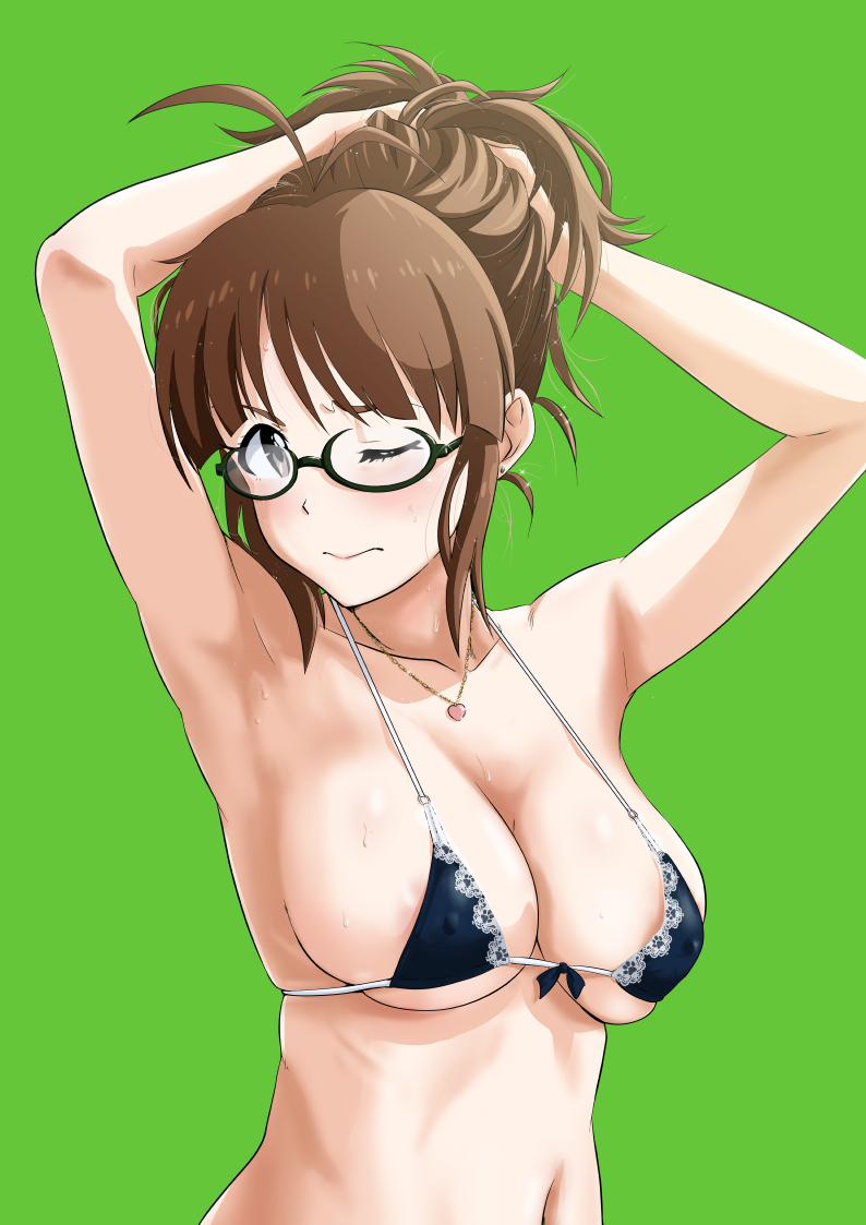 1girl akizuki_ritsuko antenna_hair areola_slip armpits arms_up bare_shoulders bikini black-framed_eyewear black_bikini blush breasts brown_eyes brown_hair cleavage closed_mouth collarbone covered_nipples earrings glasses green_background hands_in_hair idolmaster idolmaster_(classic) idolmaster_million_live! idolmaster_million_live!_theater_days jewelry large_breasts looking_at_viewer minpei_ichigo navel necklace o-ring o-ring_bikini one_eye_closed short_hair shy simple_background solo sweat swimsuit underboob upper_body