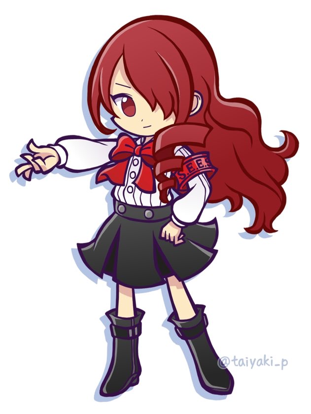 1girl black_footwear black_skirt bow buttons closed_mouth doradorakingyo drop_shadow full_body hair_over_one_eye kirijou_mitsuru long_hair long_sleeves official_style persona persona_3 puyopuyo puyopuyo_quest red_bow red_eyes red_hair s.e.e.s shirt skirt smile solo twitter_username white_background white_shirt
