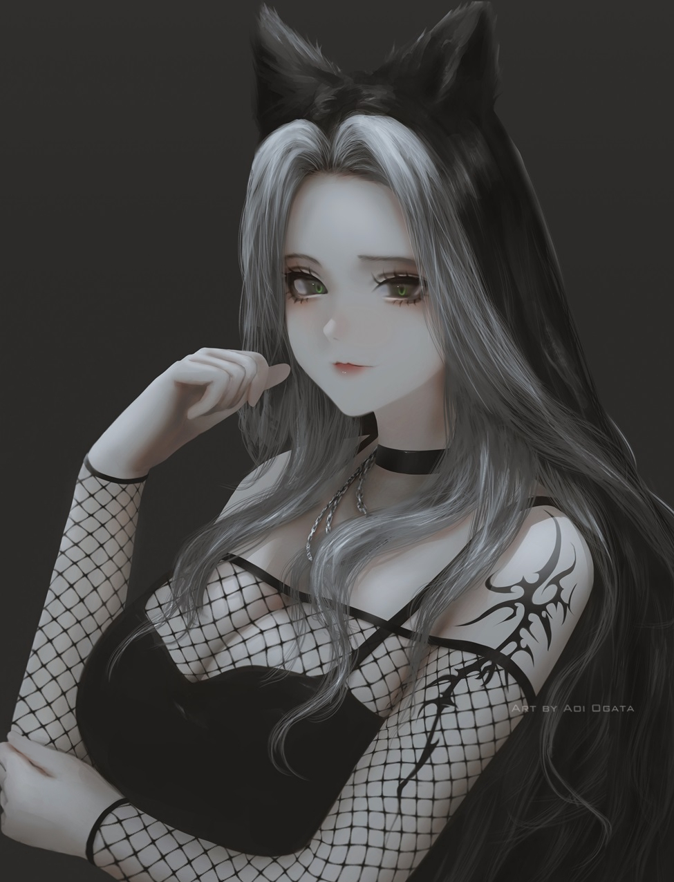 1girl aoi_ogata artist_name bare_shoulders black_choker black_hair black_shirt breasts choker cleavage clip_studio_paint_(medium) closed_mouth commentary english_commentary fishnets forehead grey_background grey_eyes grey_hair hand_up highres large_breasts long_hair long_sleeves looking_at_viewer multicolored_hair off-shoulder_shirt off_shoulder original parted_bangs shirt simple_background smile solo two-tone_hair upper_body very_long_hair