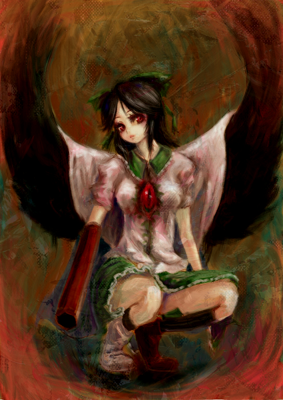 1girl arm_cannon asymmetrical_footwear black_feathers black_hair black_socks bow breasts brown_background cape closed_mouth collared_shirt dark_background feathered_wings feathers frilled_shirt_collar frilled_skirt frills full_body green_bow green_skirt hair_bow head_tilt hiepita_(1014) highres kneehighs looking_at_viewer medium_breasts medium_hair mismatched_footwear multicolored_background red_eyes reiuji_utsuho shirt skirt socks solo squatting third_eye_on_chest touhou weapon white_cape white_shirt wings