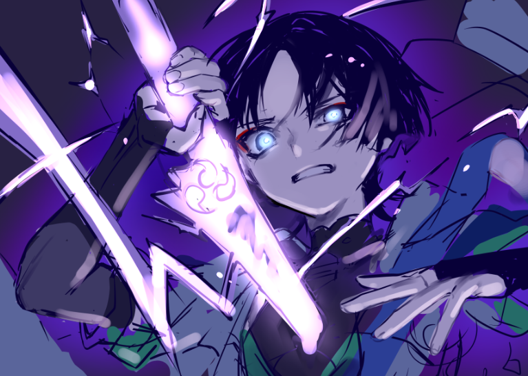 1boy black_background black_hair bridal_gauntlets genshin_impact glowing glowing_eyes grey_background hagehiro holding holding_sword holding_weapon japanese_clothes lightning male_focus multicolored_background purple_background purple_eyes scaramouche_(genshin_impact) scene_reference sheath short_hair short_sleeves sketch solo sword teeth unhappy unsheathing wanderer_(genshin_impact) weapon