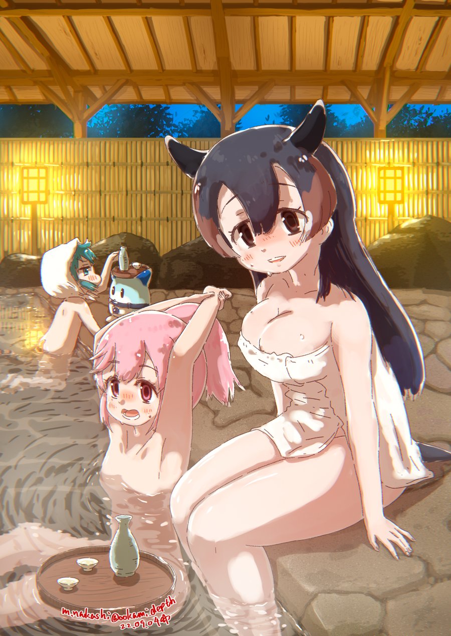 3girls animal_ears aqua_hair armpits arms_up ass back bathing black_hair bottle breasts brown_hair cleavage convenient_censoring cup flat_chest hair_between_eyes height_difference high_ponytail highres kemono_friends kneeling long_hair looking_at_viewer lucky_beast_(kemono_friends) medium_breasts mountain_tapir_(kemono_friends) multicolored_hair multiple_girls nakashi_masakumi naked_towel nana_(kemono_friends) nude open_mouth parted_lips partially_submerged pink_eyes pink_hair sake_bottle sitting smile steam stretching tail tapir_ears tapir_girl tapir_tail towel tray tsuchinoko_(kemono_friends) two-tone_hair very_long_hair water wet