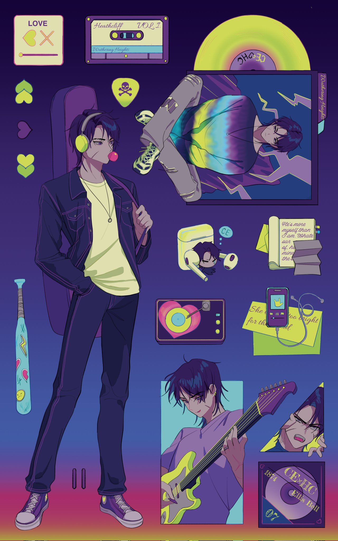 1boy baseball_bat cassette_tape cd commentary gradient_background headphones heart heathcliff_(limbus_company) highres jacket jewelry limbus_company long_sleeves male_focus multiple_views necklace pants play_button plectrum project_moon purple_eyes purple_footwear purple_hair purple_jacket purple_pants scar scar_on_face shirt shoes sneakers sticker szztzzs white_shirt wing_collar