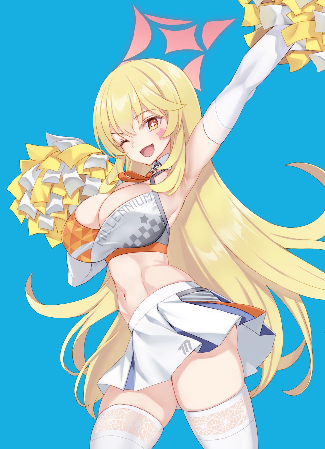 1girl arm_up armpits bare_shoulders blonde_hair blue_archive blue_background breasts brown_eyes cleavage criss-cross_halter elbow_gloves gloves halo halterneck highres holding holding_pom_poms large_breasts long_hair looking_at_viewer matsuryuu millennium_cheerleader_outfit_(blue_archive) miniskirt navel open_mouth pleated_skirt pom_pom_(cheerleading) shokuhou_misaki skirt smile sparkling_eyes spider_web_print sports_bra thighhighs thighs toaru_kagaku_no_railgun toaru_majutsu_no_index white_gloves white_skirt white_thighhighs