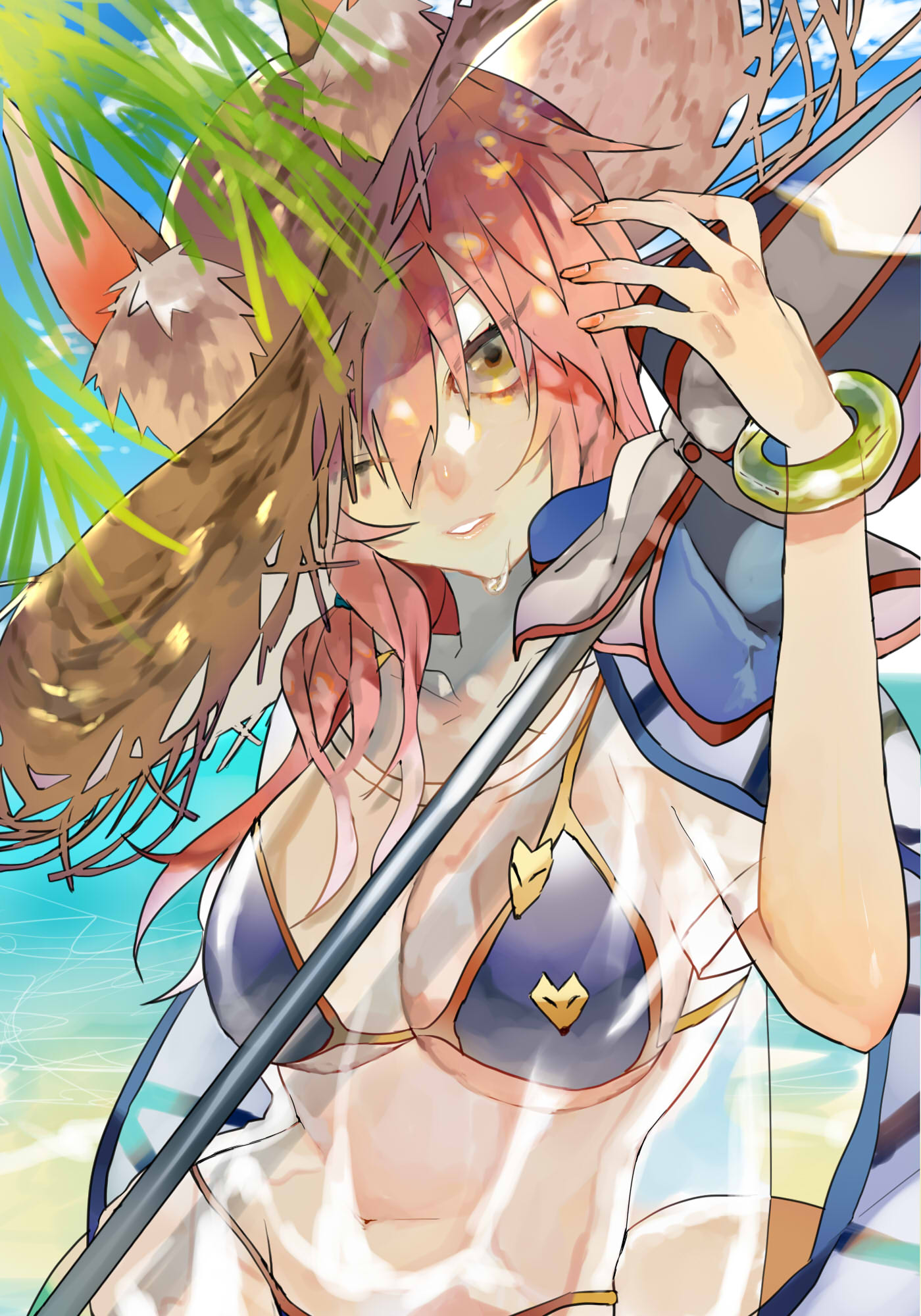 1girl animal_ear_fluff animal_ears beach bikini blue_bikini blue_sky breasts brown_eyes cloud collarbone commentary_request emasrrkn fate/grand_order fate_(series) fingernails fox_ears fox_girl hat highres large_breasts long_hair looking_at_viewer navel ocean one_eye_closed outdoors parasol pink_hair see-through see-through_shirt shirt short_sleeves sky solo straw_hat swimsuit tamamo_(fate) tamamo_no_mae_(swimsuit_lancer)_(fate) tamamo_no_mae_(swimsuit_lancer)_(second_ascension)_(fate) umbrella water wet wet_clothes wet_shirt white_shirt
