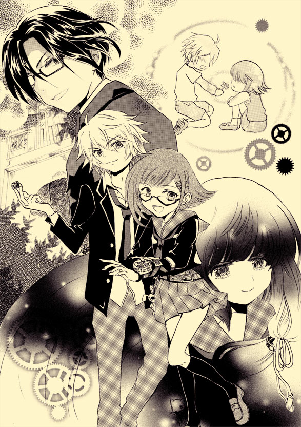 2boys 2girls :d aged_down ahoge belt blazer blunt_bangs building child chinami_kyouka closed_mouth curtained_hair dasshutsu_adventure facing_another feet_out_of_frame foot_out_of_frame from_side fu-maru gears gem glasses grin hair_between_eyes hair_ornament hairclip holding jacket kajino_hikomachi kneehighs lapels loafers long_hair long_sleeves looking_at_viewer loose_necktie mole mole_under_eye monochrome multiple_boys multiple_girls necktie opaque_glasses open_clothes open_jacket open_mouth pants partially_opaque_glasses plaid plaid_pants plaid_sailor_collar plaid_skirt pleated_skirt portrait profile projected_inset rectangular_eyewear sailor_collar school_uniform semi-rimless_eyewear shoe_soles shoes short_hair short_sleeves shorts sitting skirt smile socks stippling_(texture) susami_juunosuke tokino_wakaru unbuttoned under-rim_eyewear unmoving_pattern window x_hair_ornament