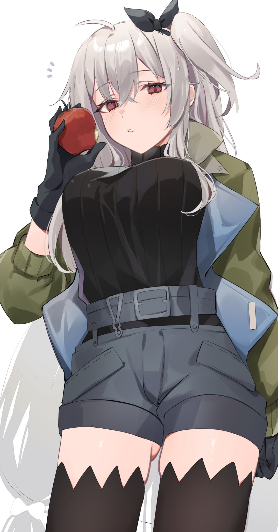 1girl ahoge apple arknights bitten_apple black_gloves black_ribbon black_shirt black_thighhighs blue_shorts blush breasts chunta cowboy_shot food food_bite from_below fruit gloves green_jacket grey_hair hair_between_eyes hair_ribbon highres holding holding_food holding_fruit jacket long_hair looking_at_viewer low-tied_long_hair medium_breasts notice_lines official_alternate_costume open_clothes open_jacket parted_lips red_eyes ribbed_shirt ribbon shirt shirt_tucked_in short_shorts shorts side_ponytail simple_background skadi_(arknights) skadi_(the_next_afternoon_tea)_(arknights) solo standing thighhighs turtleneck very_long_hair white_background