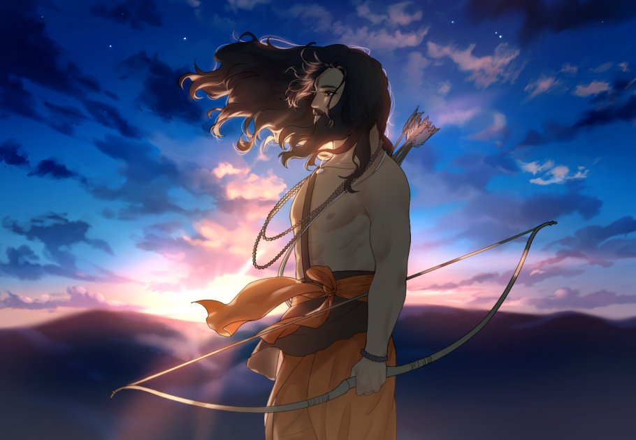 1boy beard bow_(weapon) character_request cloud cloudy_sky dark-skinned_male dark_skin facial_hair facial_mark feet_out_of_frame forehead_mark holding holding_bow_(weapon) holding_weapon indian kaji_610 long_hair male_focus mature_male official_alternate_costume pectorals rrr_(movie) sky solo standing sunrise thick_eyebrows thick_mustache toned toned_male topless_male weapon wind
