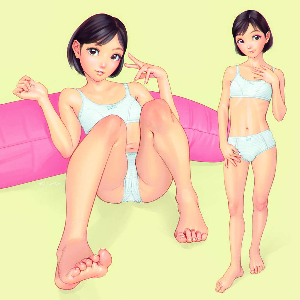 1girl barefoot black_eyes black_hair bob_cut body_pillow bow bow_bra bow_panties bra closed_mouth crotch_seam feet flat_chest fumichika_mori hand_on_own_chest hand_on_own_hip knees_up leaning_back legs looking_at_viewer navel original panties parted_lips pillow short_hair sitting standing striped striped_bra striped_panties swept_bangs toenails toes training_bra underwear underwear_only white_bra white_panties yellow_background