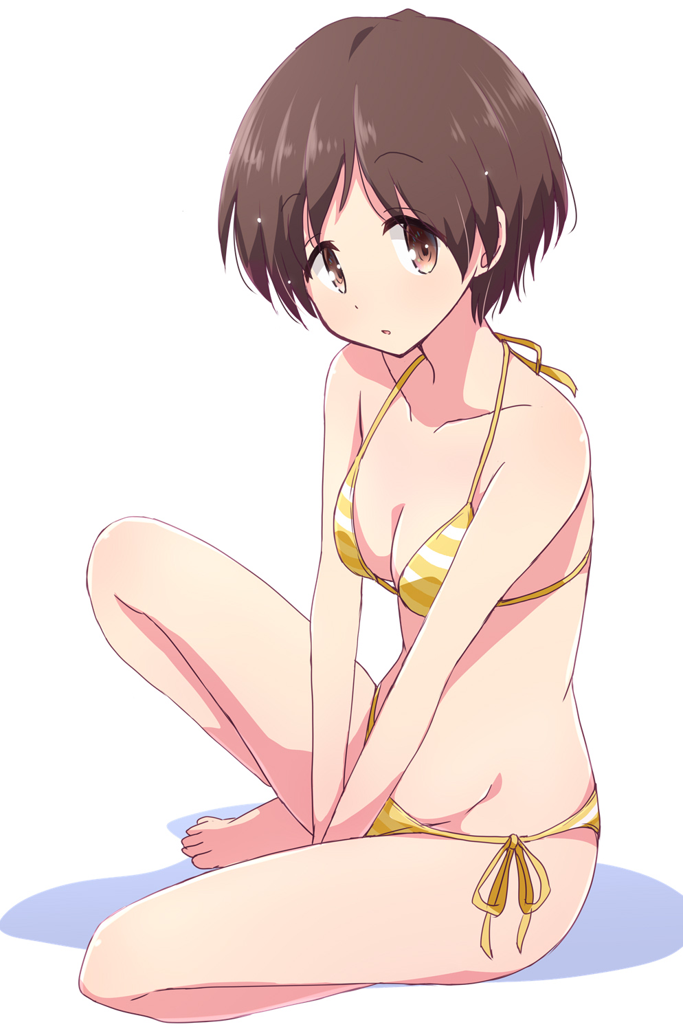 1girl bikini breasts brown_eyes brown_hair cleavage collarbone hasegawa_fumi highres knee_up looking_at_viewer medium_breasts medium_hair mel_(melty_pot) multicolored_bikini multicolored_clothes open_mouth simple_background sitting solo striped striped_bikini swimsuit white_background white_bikini yellow_bikini yuyushiki