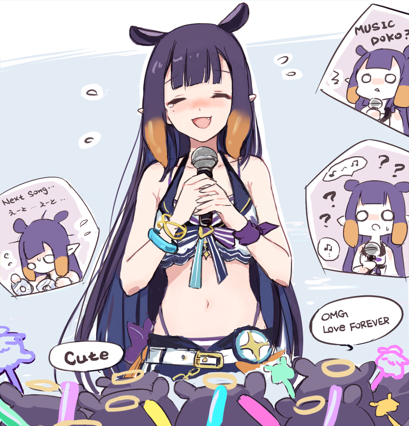 1girl 6+others closed_eyes crying english_commentary english_text flying_sweatdrops happy holding holding_glowstick holding_microphone hololive hololive_english long_hair microphone multiple_others navel ninomae_ina'nis open_mouth pointy_ears purple_hair smile speech_bubble takodachi_(ninomae_ina'nis) talking tentacle_hair very_long_hair virtual_youtuber yuuyu_(777)