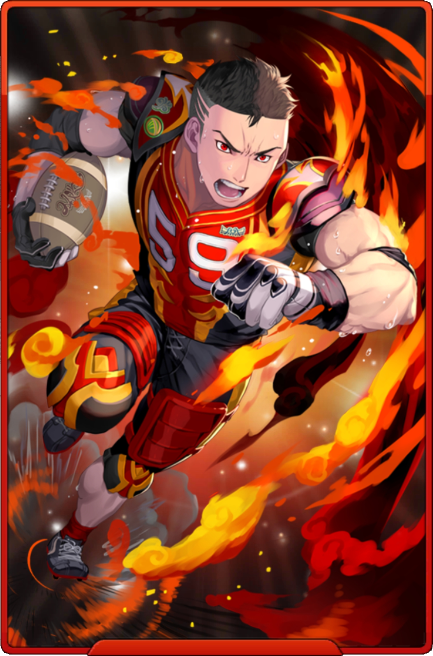1boy :d american_football_(object) american_football_uniform bad_source ball biceps black_hair c.seryl clenched_hand elbow_pads fire full_body gloves highres holding holding_ball knee_pads looking_at_viewer male_focus official_alternate_costume official_art red_eyes red_socks running short_hair sideburns smile soccer_spirits socks solo sportswear taehoon_(soccer_spirits) third-party_source white_gloves