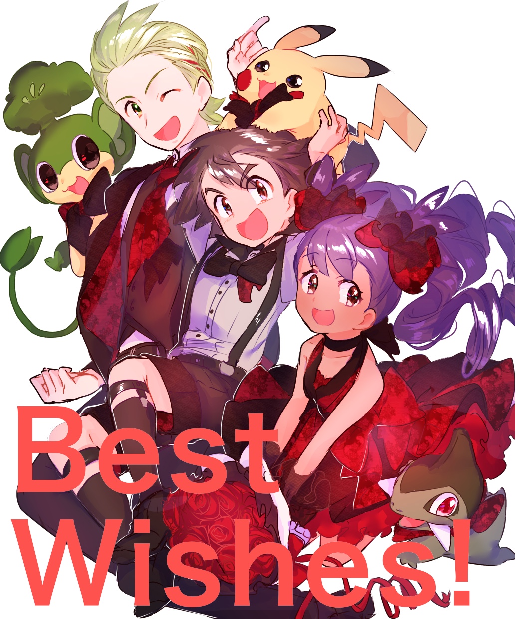 1girl 2boys :d ;d alternate_costume ash_ketchum axew bow bowtie brown_hair brown_socks buttons cilan_(pokemon) commentary_request dress floating_hair green_hair highres iris_(pokemon) long_hair multiple_boys one_eye_closed open_mouth pansage paru_rari pikachu pokemon pokemon_(anime) pokemon_(creature) pokemon_bw_(anime) purple_hair red_dress shirt shoes short_hair shorts smile socks suspenders white_background