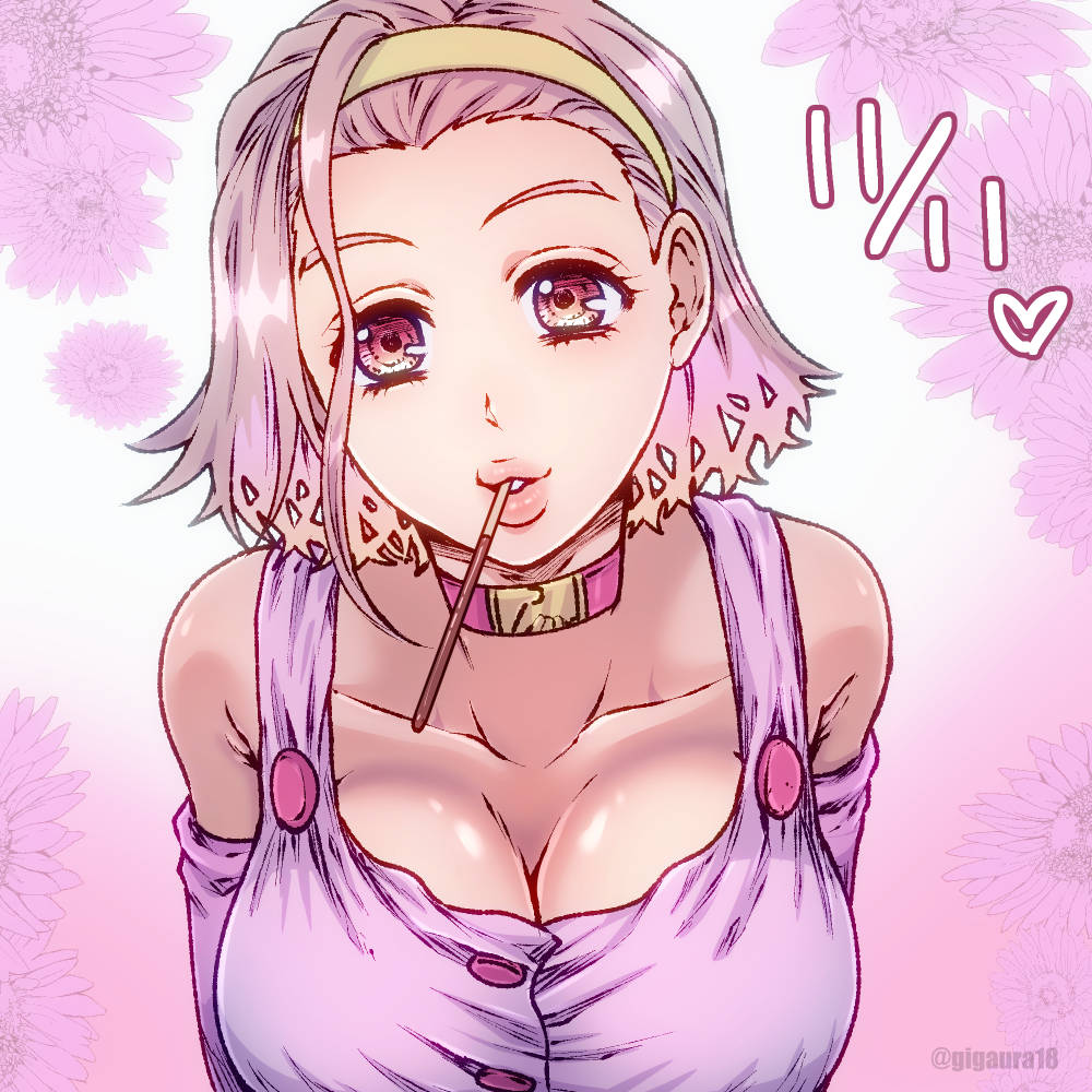1girl alternate_breast_size arm_warmers breasts cleavage collar commentary_request diamond_wa_kudakenai dress floral_background food_in_mouth giga_omega hairband heart jojo_no_kimyou_na_bouken large_breasts medium_hair mouth_hold pink_collar pink_dress pink_eyes pink_hair pink_lips pocky_in_mouth solo sugimoto_reimi twitter_username upper_body yellow_hairband
