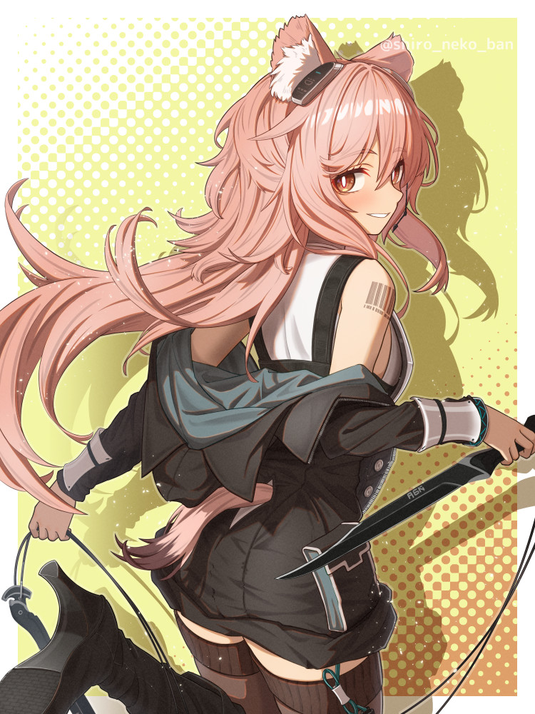 1girl animal_ear_fluff arknights barcode barcode_tattoo bare_shoulders black_footwear black_jacket black_thighhighs boots border bright_pupils brown_eyes commentary_request dagger from_behind gravel_(arknights) grin high_heels holding holding_dagger holding_knife holding_weapon jacket knife long_hair long_sleeves looking_back pink_hair polka_dot polka_dot_background prairie_dog_ears prairie_dog_girl prairie_dog_tail shadow shironekoban shirt shoulder_tattoo sleeveless sleeveless_shirt smile solo standing standing_on_one_leg tail tail_through_clothes tattoo thighhighs very_long_hair weapon white_border white_pupils white_shirt yellow_background