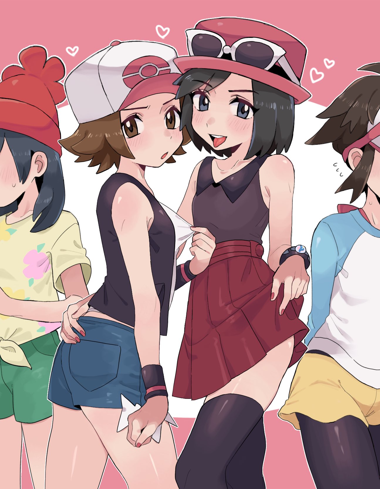 4boys :o beanie blush bracelet brown_eyes brown_hair calem_(pokemon) collared_shirt commentary_request cosplay crossdressing elio_(pokemon) eyewear_on_headwear green_shorts hand_on_another's_hip hat heart highres hilbert_(pokemon) hilda_(pokemon) hilda_(pokemon)_(cosplay) jewelry looking_at_viewer male_focus multiple_boys nail_polish nate_(pokemon) open_mouth pantyhose pink_headwear pleated_skirt pokemon pokemon_(game) pokemon_bw pokemon_bw2 pokemon_sm pokemon_xy red_headwear red_skirt rosa_(pokemon) rosa_(pokemon)_(cosplay) sana_(37pisana) selene_(pokemon) selene_(pokemon)_(cosplay) serena_(pokemon) serena_(pokemon)_(cosplay) shirt short_hair short_shorts short_sleeves shorts skirt sleeveless sleeveless_shirt sunglasses teeth thighhighs tongue tongue_out upper_teeth_only vest white_headwear wristband yellow_shirt yellow_shorts