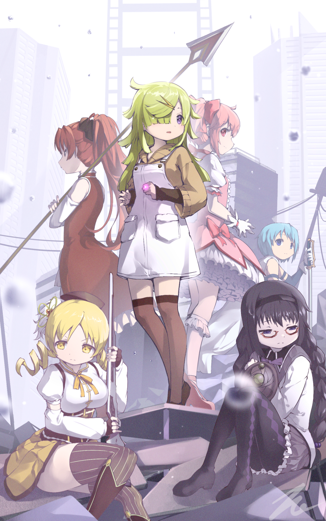 6+girls akemi_homura aki_mabayu argyle argyle_legwear black_footwear black_hair black_hairband black_pantyhose blonde_hair blue_eyes blue_hair boots bow breasts brown_sweater brown_thighhighs bubble_skirt closed_mouth commentary detached_sleeves dress drill_hair elbow_gloves gloves green_hair gun hair_bow hair_ornament hair_over_one_eye hairband highres holding holding_gun holding_polearm holding_sword holding_weapon kaname_madoka knee_boots kneehighs long_hair long_sleeves looking_afar magia_record:_mahou_shoujo_madoka_magica_gaiden magical_girl mahou_shoujo_madoka_magica medium_breasts miki_sayaka multiple_girls neck_ribbon pantyhose parted_lips pink_bow pink_eyes pink_hair pocket polearm puffy_short_sleeves puffy_sleeves purple_eyes purple_ribbon red-framed_eyewear red_dress red_eyes red_footwear red_hair ribbon sakura_kyoko scissors_hair_ornament semi-rimless_eyewear shirt shoes short_hair short_sleeves short_twintails skirt socks striped striped_thighhighs sweater sword taka.yana thighhighs tomoe_mami twin_drills twintails vertical-striped_thighhighs vertical_stripes weapon white_dress white_gloves white_shirt white_socks yellow_eyes yellow_ribbon yellow_skirt zettai_ryouiki