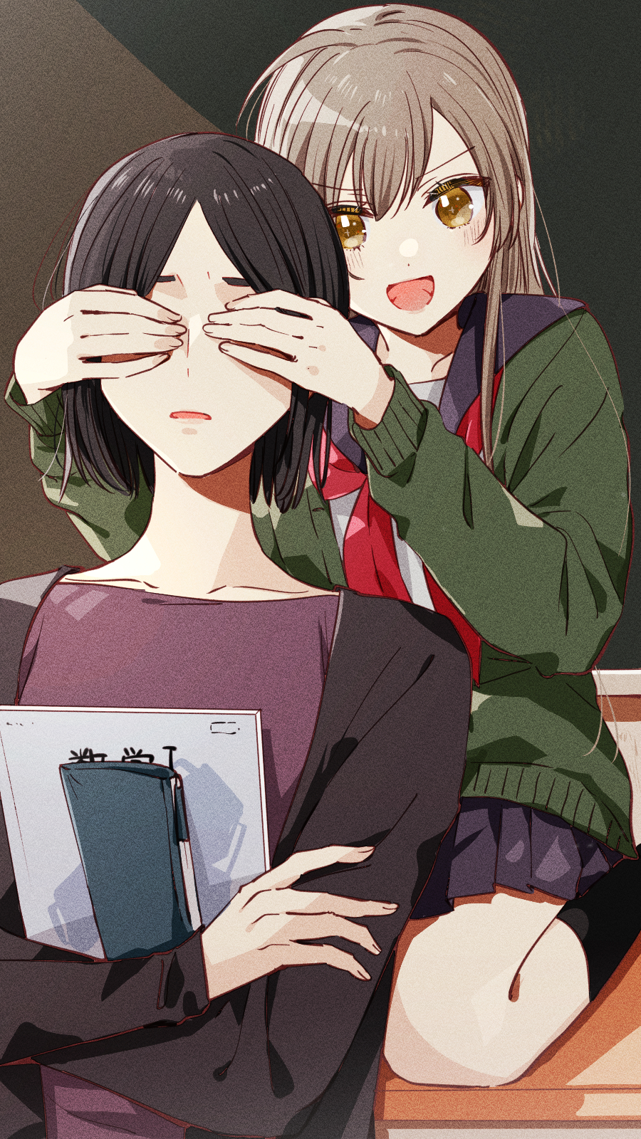 2girls black_hair black_shirt blue_sailor_collar blue_skirt blush brown_hair cardigan collarbone commentary_request cover cover_page covering_another's_eyes cross-shaped_pupils crossed_arms desk film_grain fujimatsu_mei green_cardigan highres holding indoors long_hair long_sleeves manga_cover multiple_girls neckerchief open_cardigan open_clothes open_mouth open_shirt original pleated_skirt puffy_sleeves purple_shirt red_neckerchief sailor_collar school_desk school_uniform serafuku shade shirt short_hair sidelocks sitting skirt symbol-shaped_pupils wariza white_shirt yellow_eyes yuri