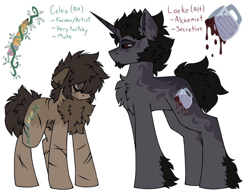 2023 alcohol alt_sona ambiguous_gender beer_mug beverage black_body black_fur brown_body brown_fur cutie_mark duo earth_pony equid equine female feral fur grey_body grey_fur hair hair_over_eye hasbro horn horse locke_(pegacousin) male male/female mammal markings model_sheet my_little_pony one_eye_obstructed pegacousin pegacousin_(pegacousin) pencil_(object) plant pony scratches striped_body striped_fur stripes taller_male taller_partner unicorn vines wine