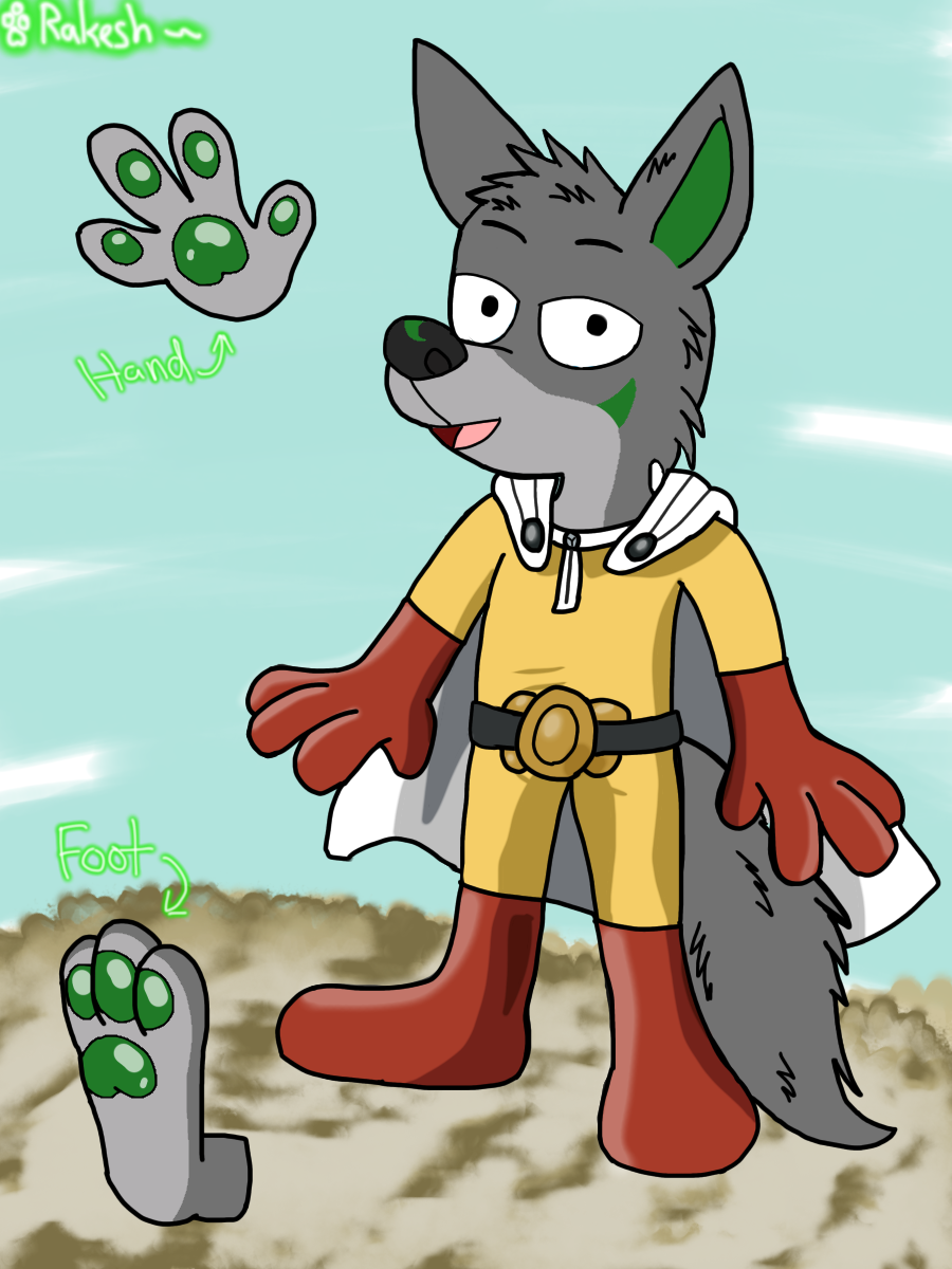2021 3:4 3_toes 4_fingers anthro belt black_eyebrows boots canid canine canis cape clothing cloud diagram english_text eyebrows feet fingers fluffy fluffy_tail footwear fur gloves green_ears green_nose green_pawpads grey_body grey_fur grey_hair hair handwear hi_res jumpsuit looking_at_viewer male mammal one-punch_man one_(manga) palms pawpads paws rakesh red_boots red_clothing red_footwear red_gloves red_handwear short_hair signature sky smile smiling_at_viewer solo standing tail text thefurrygreenfox toes white_cape wolf yellow_jumpsuit
