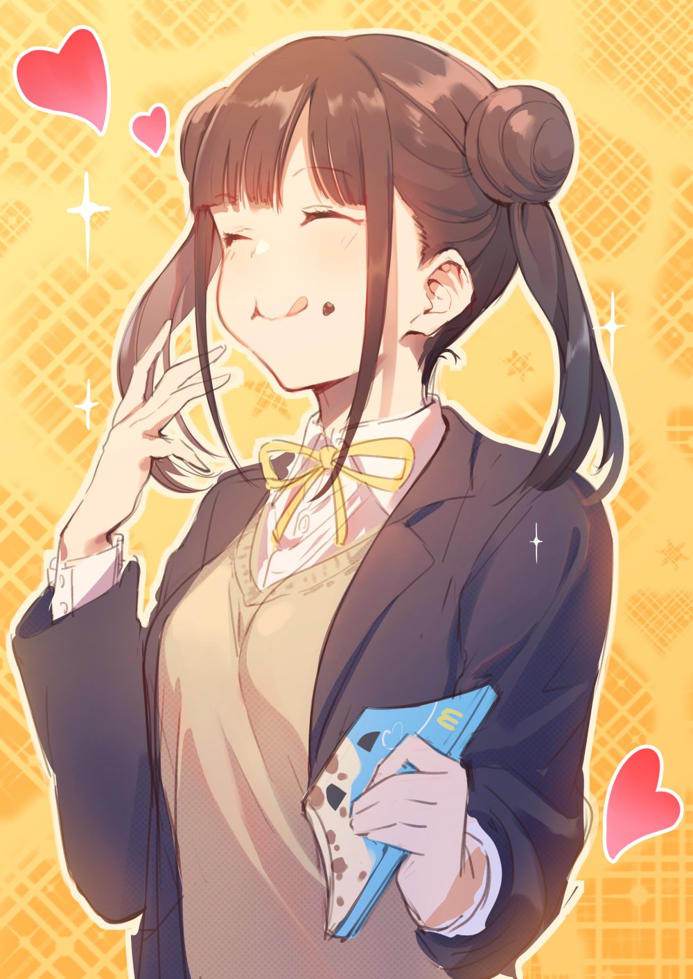 1girl ^_^ breasts brown_hair brown_sweater closed_eyes double_bun eating food food_on_face hair_bun happy heart highres holding idolmaster idolmaster_shiny_colors jacket long_hair long_sleeves open_clothes open_jacket ribbon school_uniform shirt skirt smile sola_(solo0730) solo sonoda_chiyoko standing sweater tongue tongue_out twintails white_shirt yellow_background yellow_ribbon