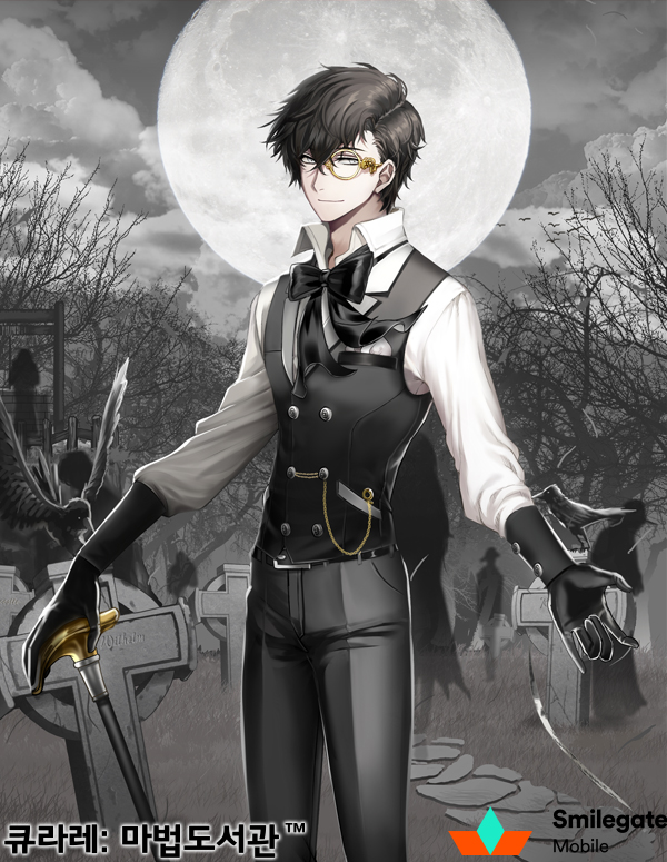 1boy asymmetrical_bangs bare_tree bird black_bow black_bowtie black_gloves black_hair black_pants black_vest bow bowtie buttons cane cloud collared_shirt copyright_name cross crossed_bangs crow digseu_(dix) double-breasted feet_out_of_frame full_moon gloves graveyard grey_eyes grey_sky hair_between_eyes holding holding_cane latin_cross light_smile long_sleeves looking_at_viewer male_focus monocle moon official_art pants pavement pocket_square qurare_magic_library shirt short_hair sky solo standing tombstone tree vest well white_shirt