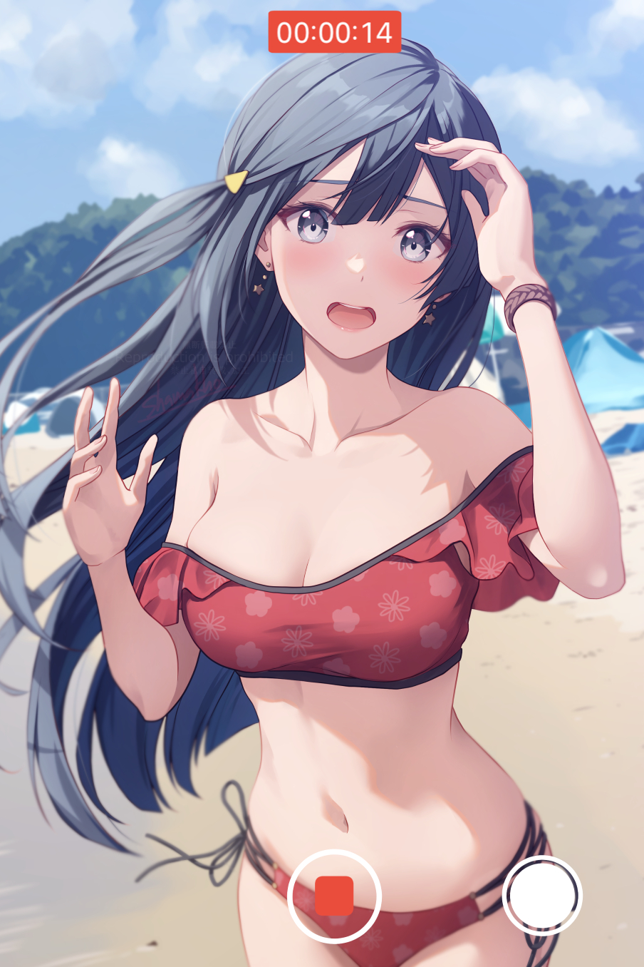 1girl beach bikini black_hair blurry blurry_background bracelet breasts cleavage collarbone commentary_request depth_of_field drop_earrings earrings grey_eyes hands_up highres jewelry large_breasts long_hair looking_at_viewer love_live! love_live!_nijigasaki_high_school_idol_club navel ocean off-shoulder_bikini off_shoulder one_side_up open_mouth outdoors pause_button recording red_bikini shamakho side-tie_bikini_bottom solo stomach swimsuit yuuki_setsuna_(love_live!)