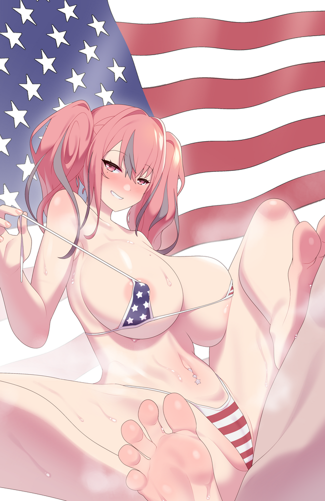 1boy 1girl american_flag_background american_flag_bikini areola_slip azur_lane bare_shoulders barefoot bikini blush breasts bremerton_(azur_lane) cleavage collarbone commentary covered_nipples flag_print grey_hair grin hair_between_eyes hair_intakes large_breasts long_hair looking_at_viewer maidforge mole mole_on_breast mole_under_eye multicolored_hair navel navel_piercing nose_blush piercing pink_eyes pink_hair sidelocks sitting smile solo_focus spread_legs stomach strap_pull streaked_hair sweat swimsuit teeth twintails two-tone_hair