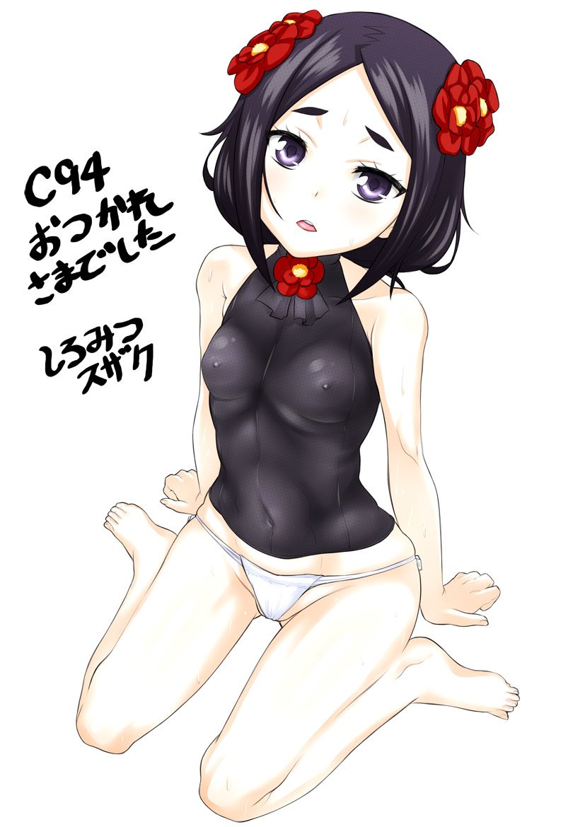 1girl bare_shoulders barefoot black_hair blush breasts cameltoe collarbone covered_navel flower fundoshi hair_flower hair_ornament japanese_clothes looking_at_viewer open_mouth princess_principal purple_eyes shiromitsu_suzaku simple_background sitting skindentation small_breasts solo toudou_chise white_background