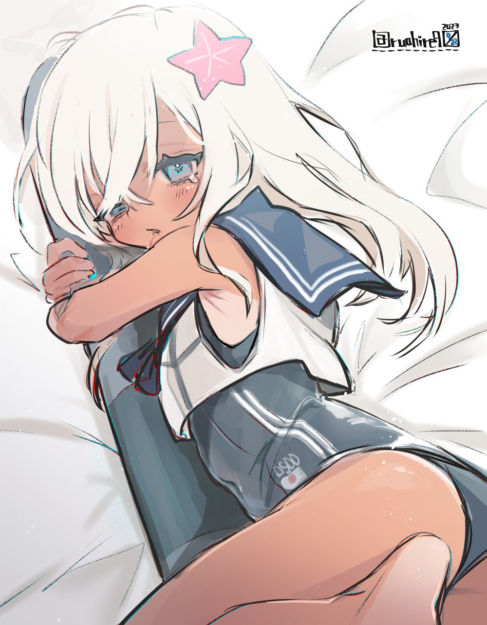 1girl ass barefoot bed_sheet blue_eyes blue_sailor_collar blush crossed_bangs dated highres hugging_object kantai_collection long_hair lying on_side one-hour_drawing_challenge one-piece_swimsuit ro-500_(kancolle) ruohire9 sailor_collar saliva sleeveless solo starfish_hair_ornament swimsuit swimsuit_under_clothes tan tanlines tears torpedo twitter_username white_hair