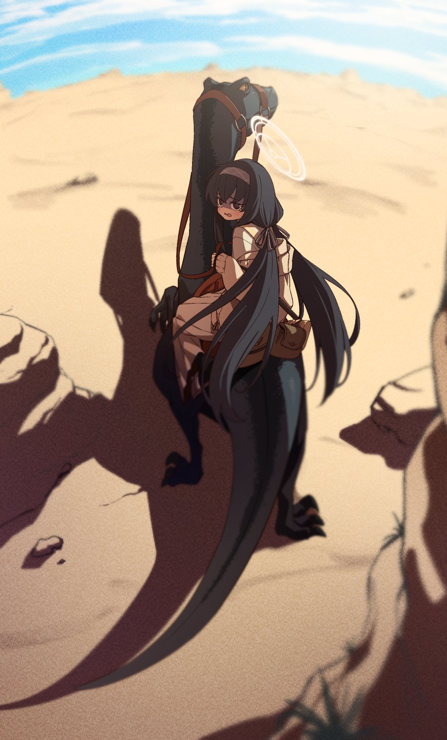 1girl bag black_hair blue_archive blush cloud day dinosaur gulim hair_ribbon hairband halo highres holding holding_reins long_hair long_sleeves looking_at_viewer open_mouth outdoors raptor reins ribbon riding rock saddle shaded_face shadow sitting skirt sky tears twintails ui_(blue_archive) very_long_hair