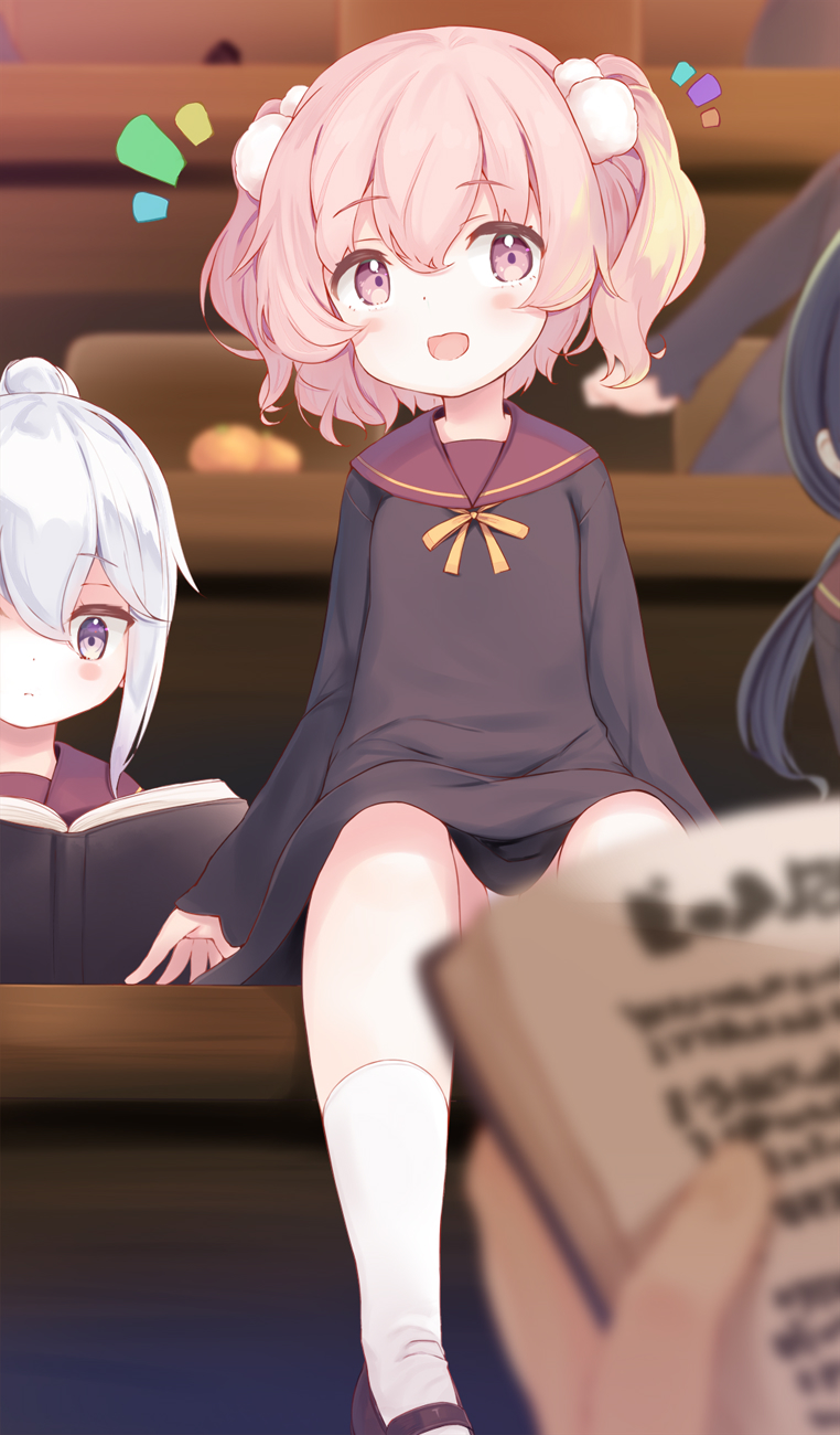 1other 4girls :d black_dress black_footwear black_hair blurry blurry_background blurry_foreground blush blush_stickers book bread closed_mouth commentary_request desk dot_nose dress facing_viewer flat_chest food frown full_body hair_ornament highres holding holding_book kneehighs komone_ushio long_hair long_sleeves looking_down looking_to_the_side mary_janes multiple_girls neck_ribbon on_desk open_mouth original out_of_frame panties pantyshot pink_eyes pink_hair ponytail pov pov_hands purple_sailor_collar reading ribbon sailor_collar school_uniform shoes short_hair sitting sitting_on_desk smile socks solo_focus two_side_up underwear uniform upskirt white_hair white_panties white_socks yellow_ribbon