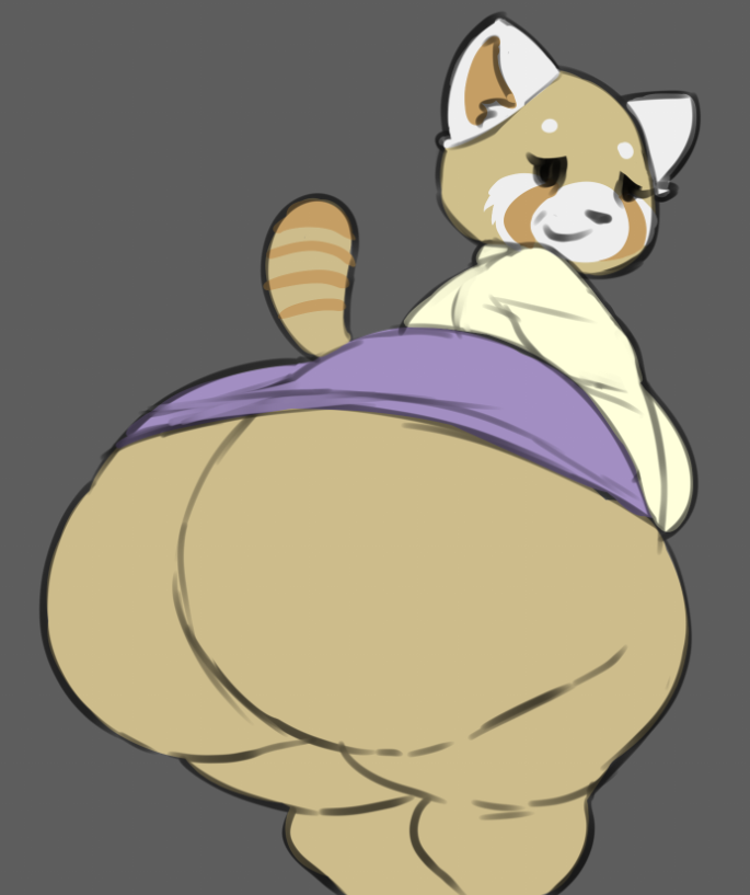 aggressive_retsuko ailurid anthro bottomwear breasts chipchell clothed clothing female looking_at_viewer looking_back looking_back_at_viewer mammal mature_female no_underwear red_panda retsuko's_mother sanrio skirt solo thick_thighs