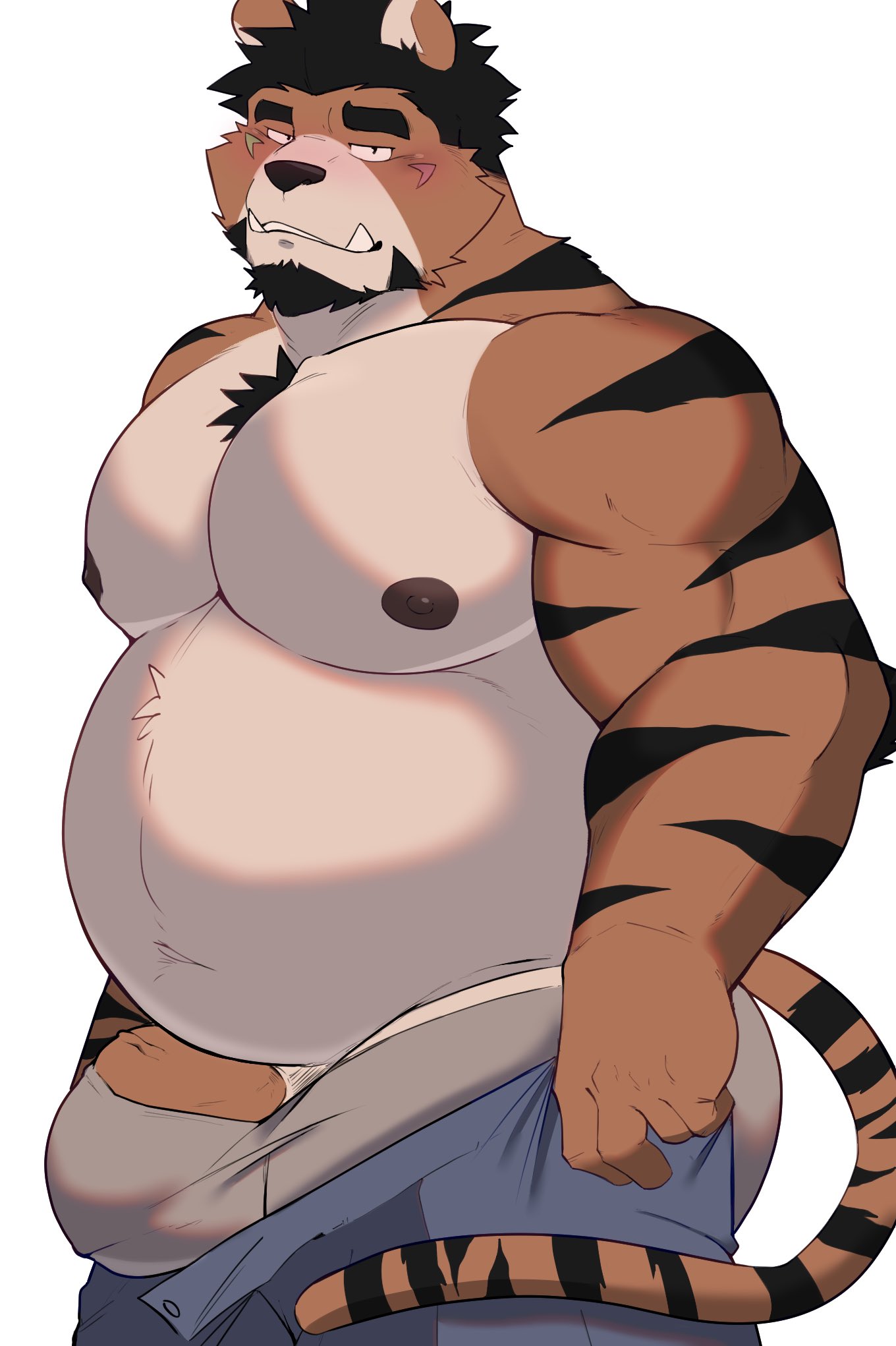1boy animal_ears artist_request ass bara belly black_hair blush bulge bulge_lift chest_tuft denim dressing facial_hair fat fat_man feet_out_of_frame from_side furry furry_male goatee grey_male_underwear highres i've_never_seen_a_guy_recreate_this_successfully_tbh_(meme) jeans large_areolae large_pectorals looking_at_viewer male_focus male_underwear meme muscular muscular_male nipples open_pants original pants pants_lift pectorals penis penis_peek short_hair solo stomach thick_eyebrows tiger_boy tiger_ears topless_male undersized_clothes underwear