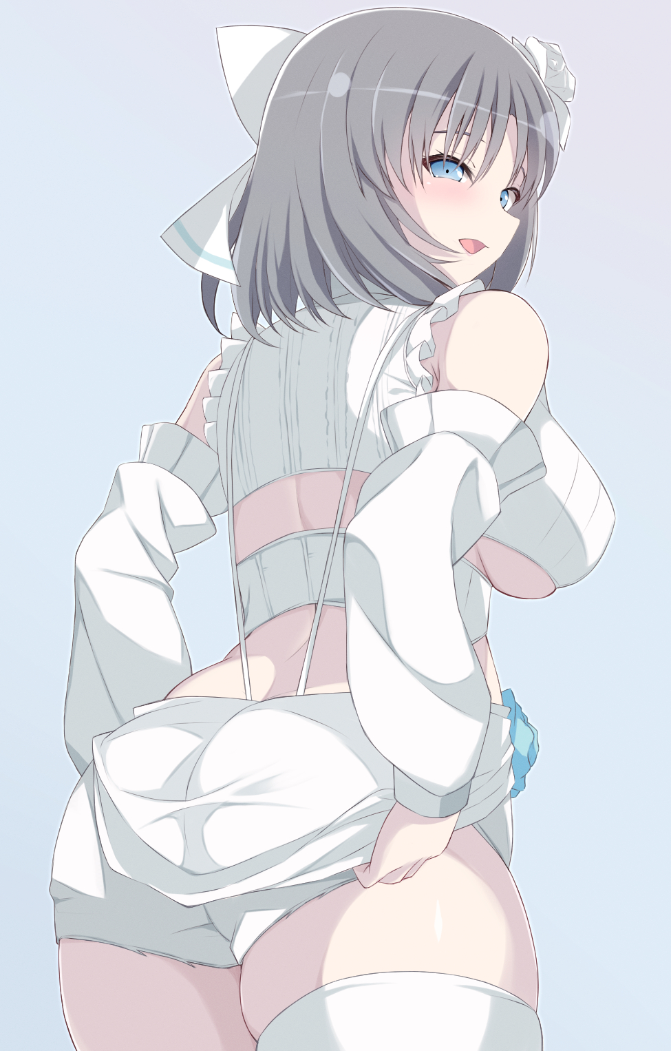 1girl adjusting_clothes adjusting_shorts ass bare_shoulders blue_background blue_eyes blue_flower blue_rose blush bow breasts butt_crack chimunge detached_sleeves flower frilled_shirt frills from_behind grey_hair hair_bow hair_flower hair_ornament highres large_breasts looking_at_viewer looking_back median_furrow official_alternate_costume open_mouth rose senran_kagura senran_kagura_new_link senran_kagura_shinovi_versus shiny_skin shirt short_hair short_shorts shorts simple_background skindentation smile solo standing striped striped_bow suspender_shorts suspenders thighhighs underboob underbust white_bow white_flower white_rose white_shorts white_thighhighs yumi_(senran_kagura)