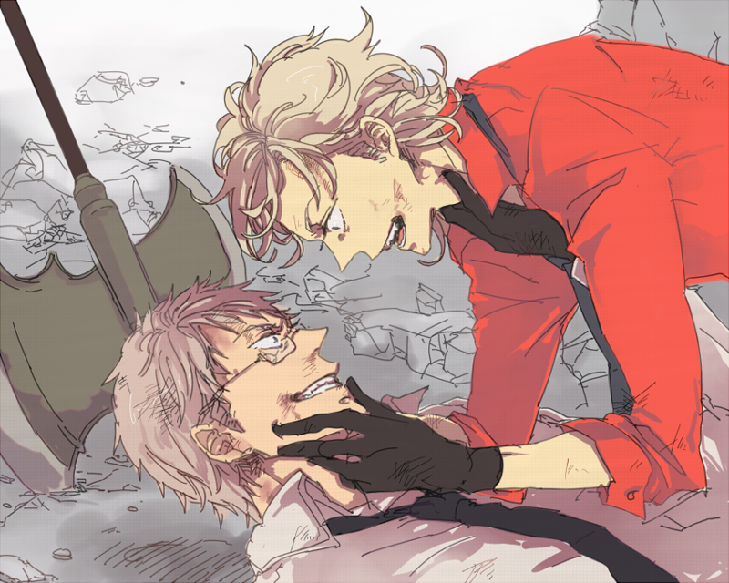 &gt;:) 2boys :d aqua_eyes axe axis_powers_hetalia battle battle_damage black_gloves blonde_hair broken_eyewear constricted_pupils crazy_eyes crazy_smile denmark_(hetalia) duel fighting glasses gloves gradient_background grin halberd hand_on_another's_face hand_on_another's_throat leaning_forward leaning_over_person long_eyelashes looking_at_another lying m-sawa male_focus multiple_boys necktie on_back on_ground open_mouth outdoors planted planted_axe polearm red_shirt rock sharp_teeth shirt short_hair smile straight_hair sweden_(hetalia) taunting teeth tongue upper_body v-shaped_eyebrows wavy_hair weapon white_shirt