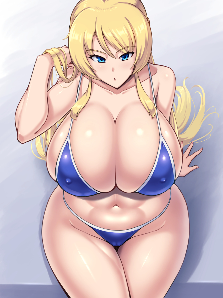 :o bikini blonde_hair blue_bikini blue_eyes breasts cameltoe collarbone covered_nipples eyebrows_hidden_by_hair huge_breasts kawanuma_uotsuri long_hair looking_at_viewer navel original swimsuit