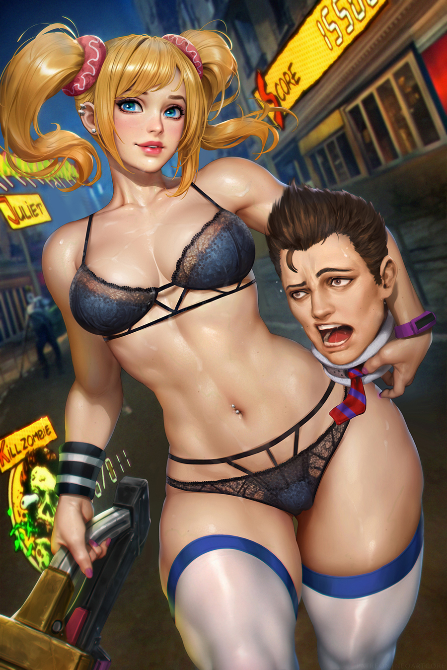 1boy 1girl bikini black_wristband blonde_hair blue_bikini blue_bra blue_eyes bra breasts brown_eyes brown_hair building character_name collarbone diagonal-striped_necktie ear_piercing earrings english_commentary hair_ornament hair_scrunchie highres holding holding_another's_head jewelry juliet_starling lollipop_chainsaw mixed-language_commentary navel navel_piercing necktie neoartcore nick_carlyle open_mouth paid_reward_available parted_lips piercing pink_nails pink_scrunchie purple_necktie red_necktie score scrunchie severed_head swimsuit thai_commentary thighhighs toned twintails two-tone_necktie underwear white_thighhighs