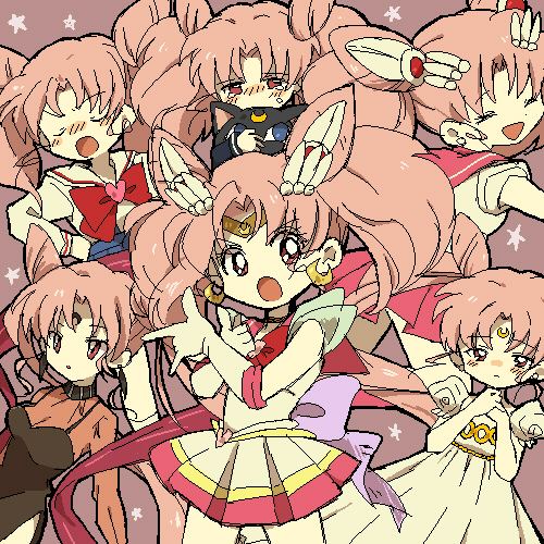 ahoge artist_request back_bow bishoujo_senshi_sailor_moon blue_skirt blush bow chibi_usa choker closed_eyes closed_mouth crescent crescent_earrings diadem double_bun dress earrings eyelashes facial_mark forehead_mark gloves hair_bun hair_ornament hairclip half-closed_eyes heart jewelry lowres luna-p magical_girl no_nose open_mouth pink_hair pink_sailor_collar red_eyes sailor_collar skirt smile socks third-party_source tiara tsuki_ni_kawatte_oshioki_yo white_dress white_gloves white_skirt