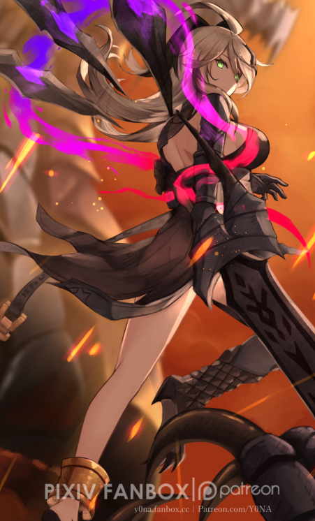 1girl ahoge back black_gloves breasts closed_mouth dragalia_lost gloves green_eyes grey_hair holding holding_sword holding_weapon legs long_hair looking_at_viewer looking_back official_alternate_costume see-through solo sword weapon y0na zethia